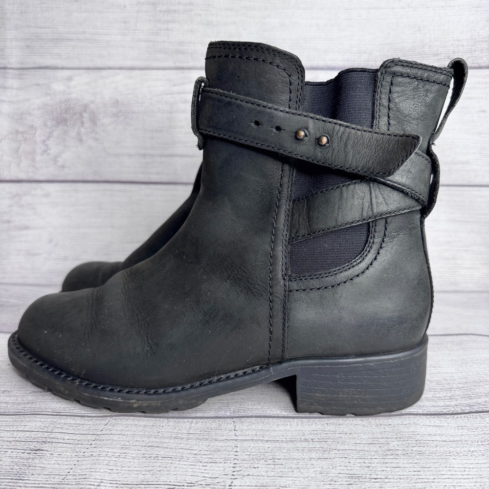 Clarks Womens Black Leather Ankle Moto Boots Side Zip Buckle 60936 Size 8.5M